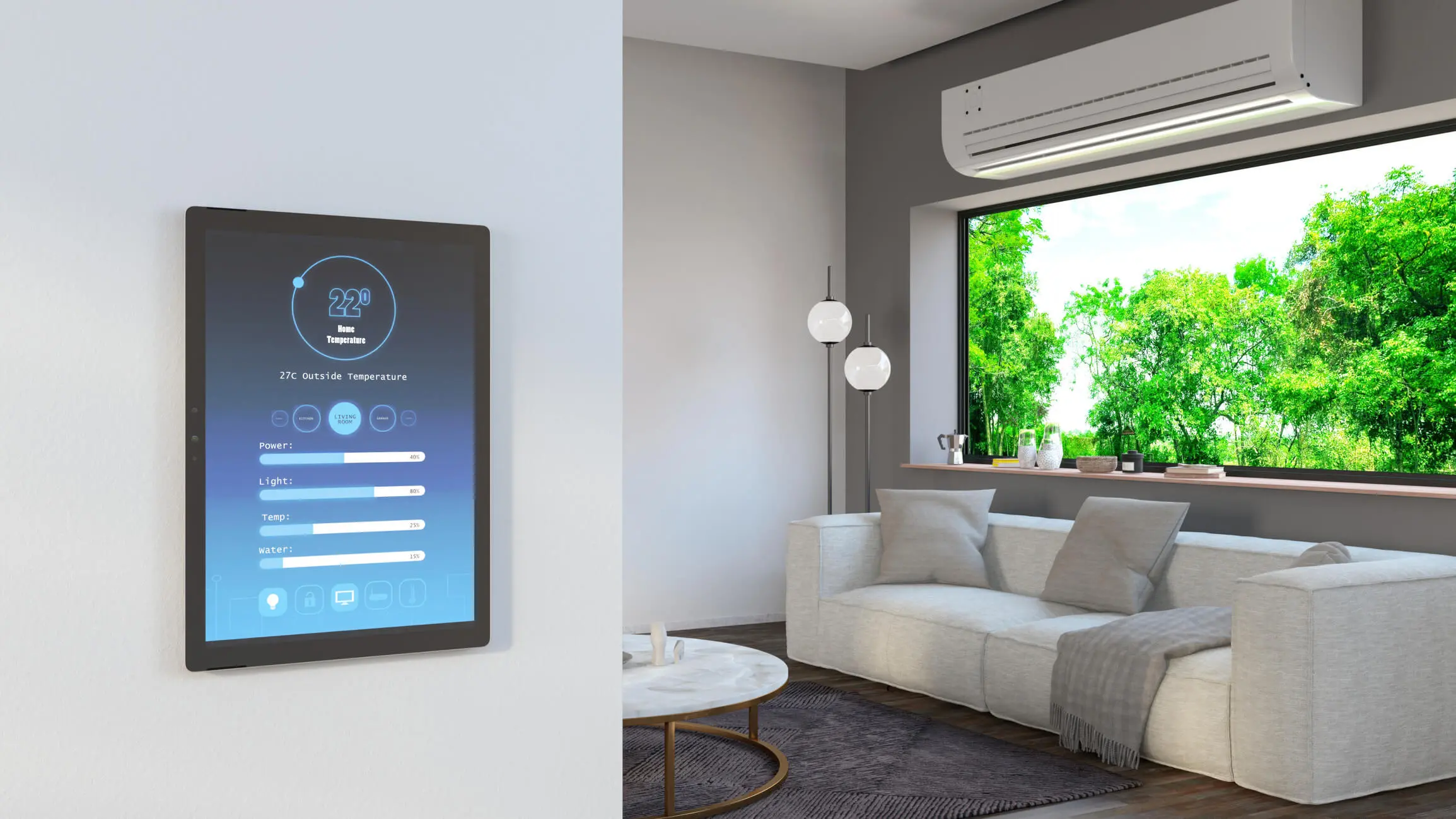 Modern living room with smart home interface.