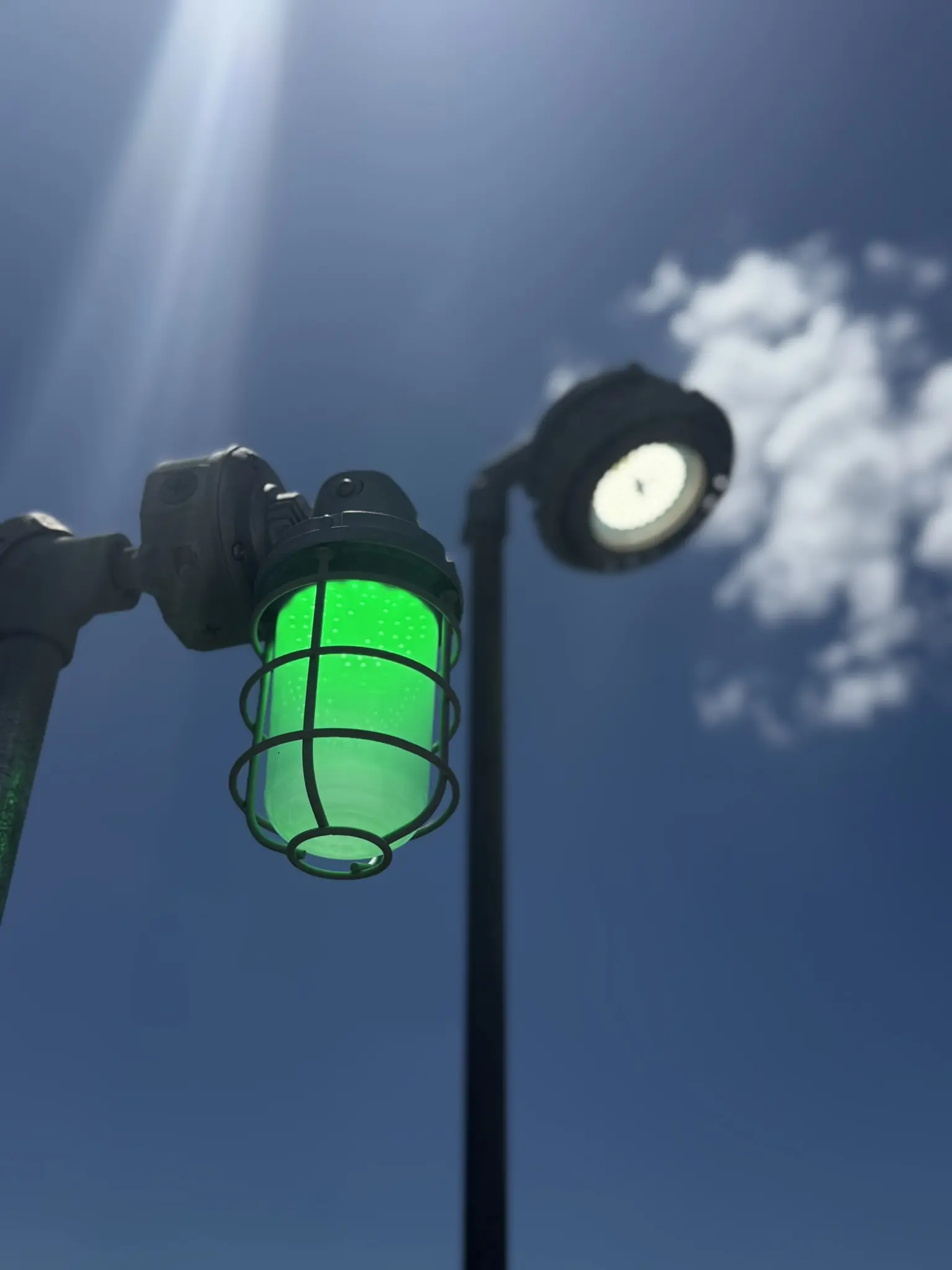 Green and white streetlights under blue sky.