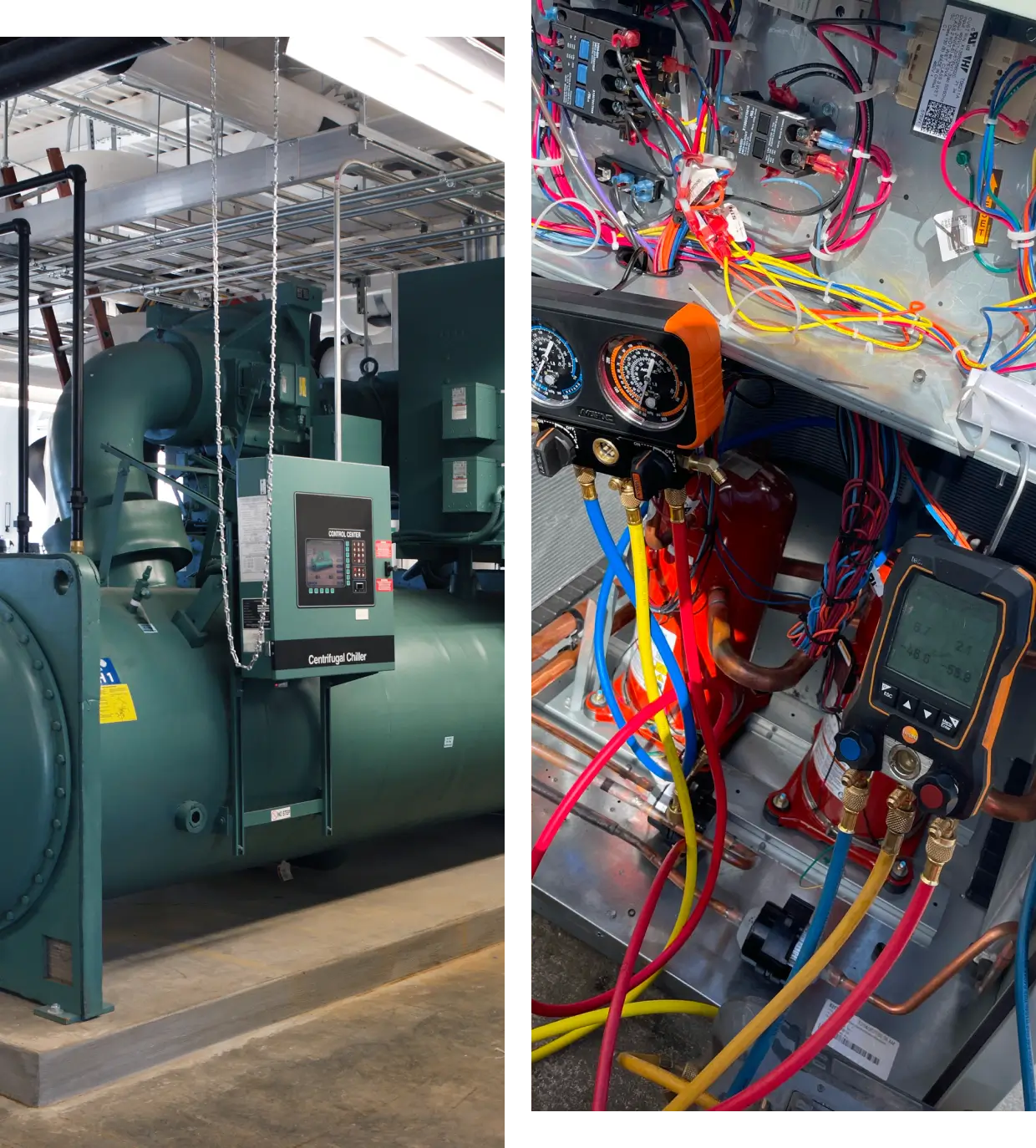 Industrial HVAC chiller with manifold gauges and hoses