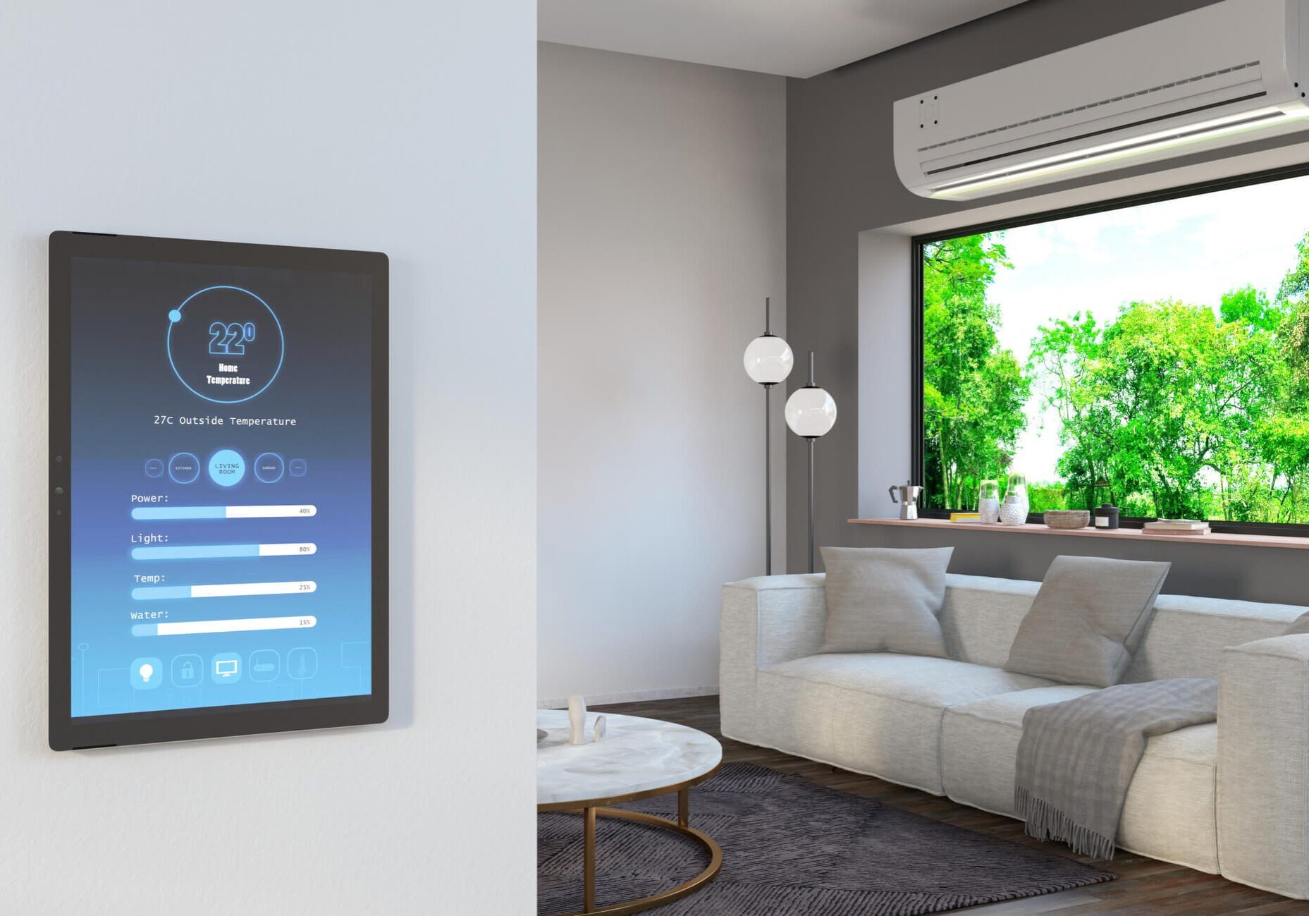 Modern living room with smart home interface.